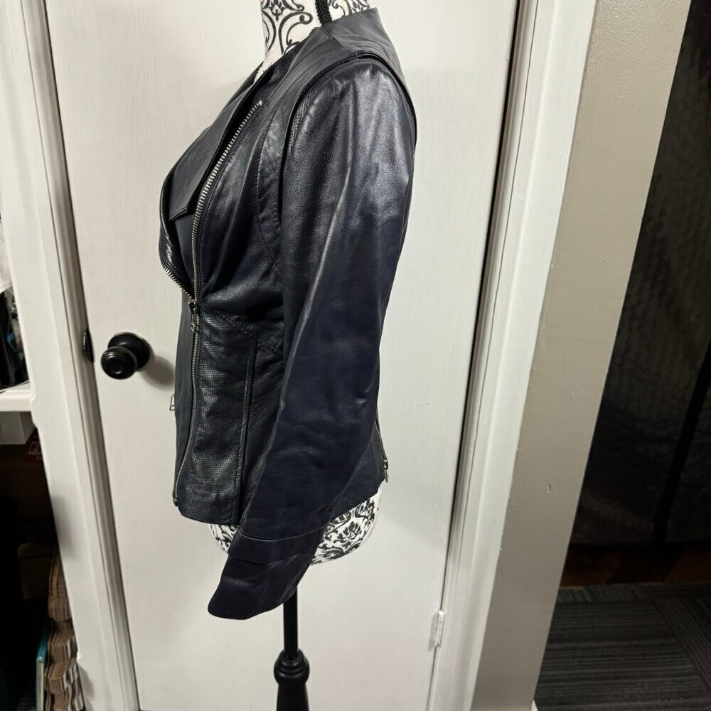 Philippe Adec navy blue 100% leather moto jacket size 4 - Picture 6 of 9